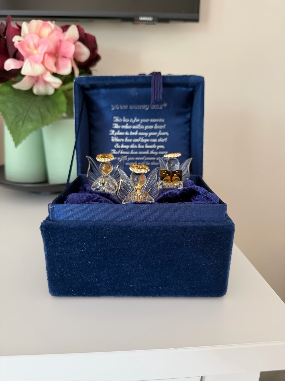 Vintage "Your Worry Box" Velvet Musical Trinket Box with 3 Glass Angels